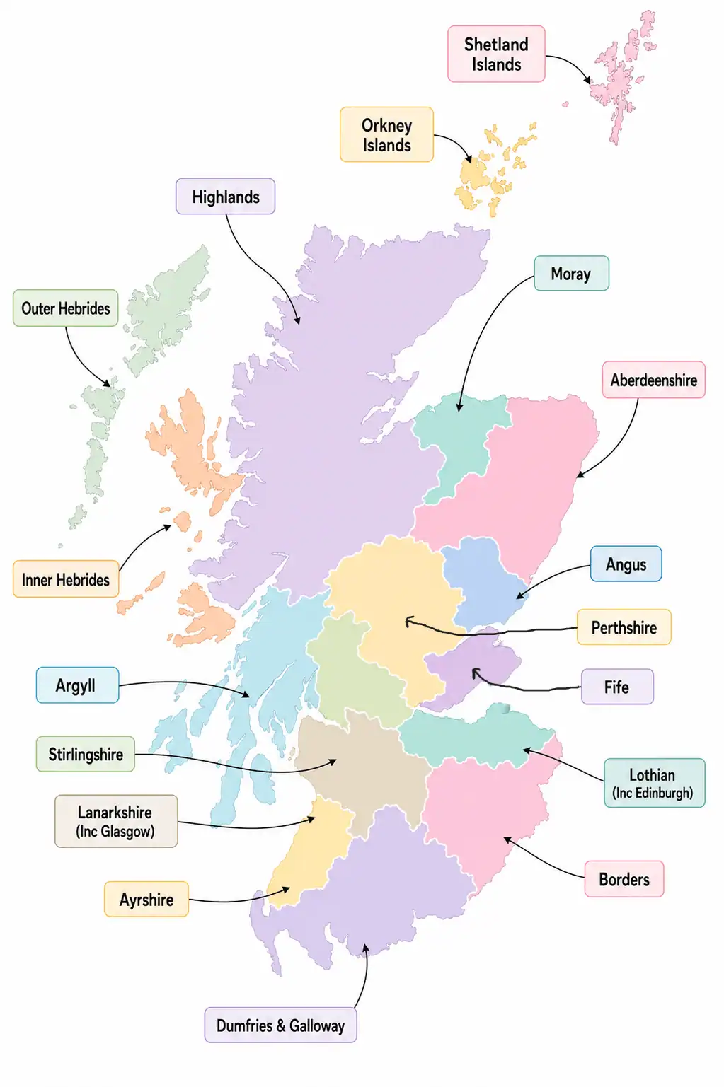 Campsite location map showing 17 areas of scotland to help find campsites